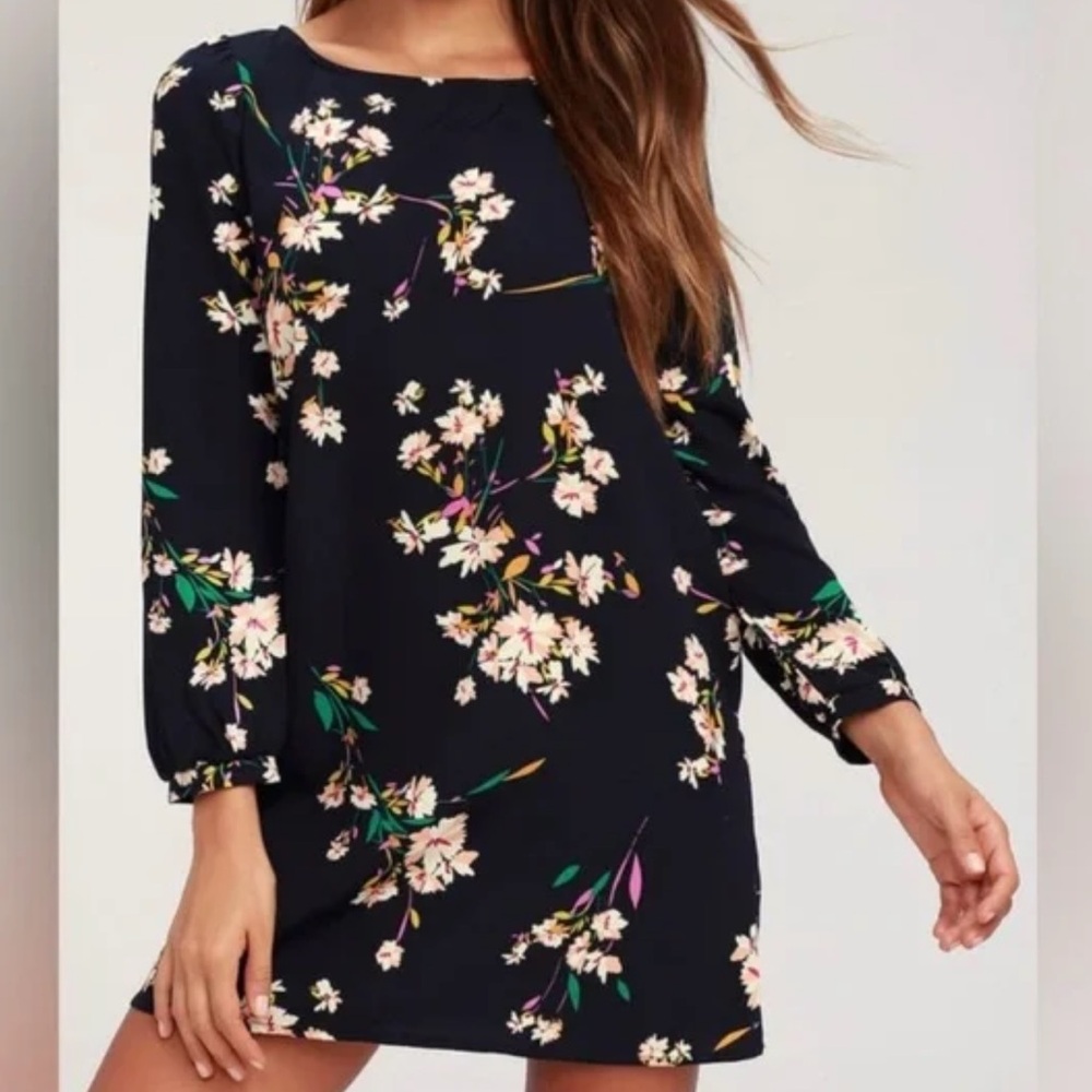 Lulus Herbaceous Babe Navy Floral Print Long Sleeve Shift Dress - Picture 3 of 16